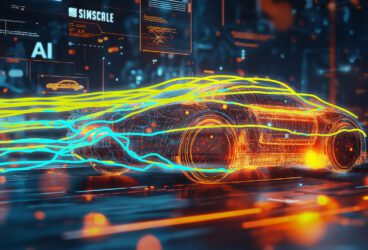 AI image showing a sports car model with CFD and FEA simulation generated by AI