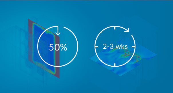 Numbers and schematics showing the following: 50% saving in development and testing costs, only 2-3 weeks of pre-testing