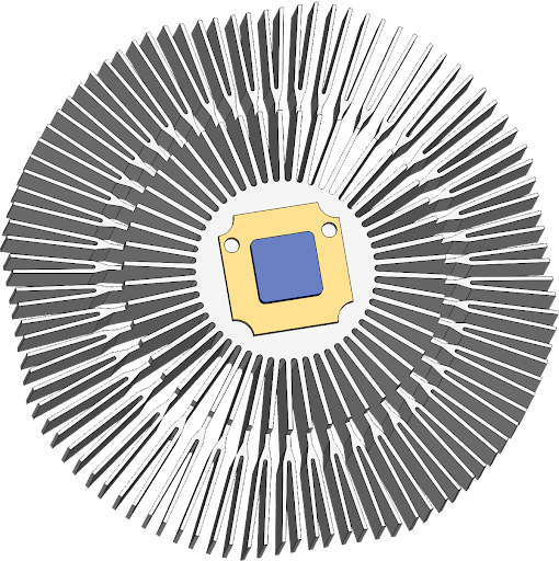 The LED enclosure geometry showing radial finned heat sink with a metal core PCB containing the LEDs in the center