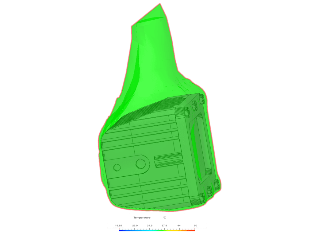 The temperature inside the isosurface is higher than 35 °C as it is closer to the lamp. The temperature outside the isosurface will be lower than 35 °C.
