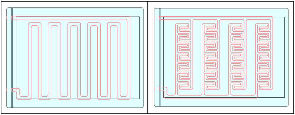 Design optimization of cooling systems for battery cold plates. Heat transfer analysis is conducted using CFD and thermal simulation.