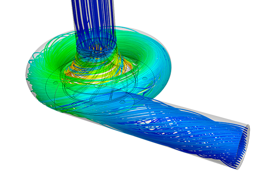 CFD simulation results showing flow streamlines in a centrifugal pump.